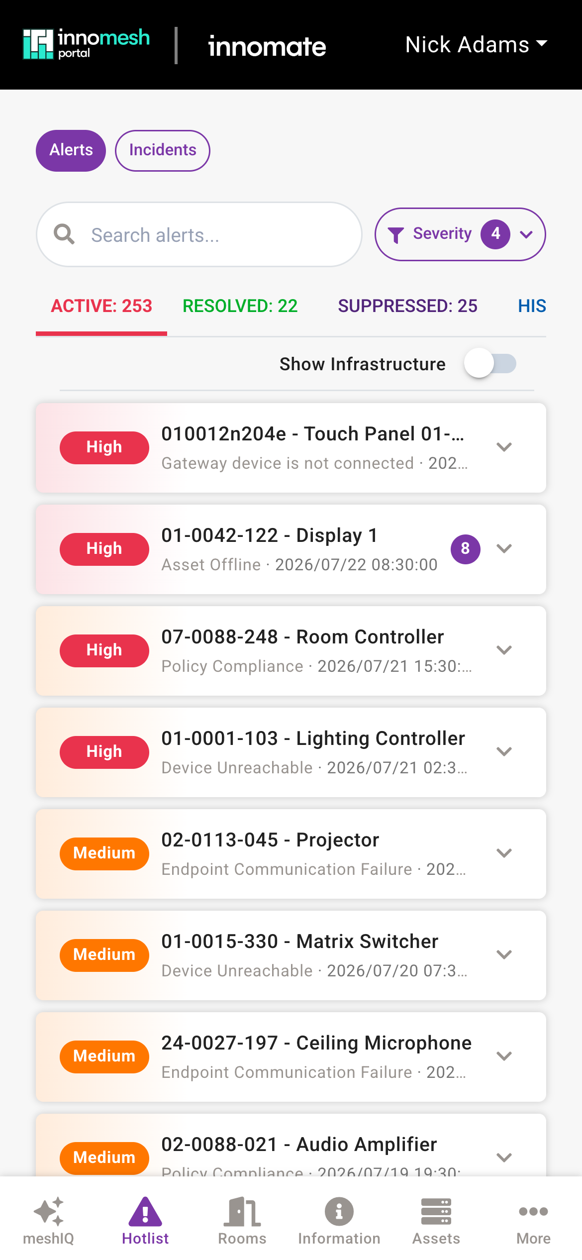 Innomesh Portal on a phone showing the Hotlist alert list with severity badges and a bottom navigation bar
