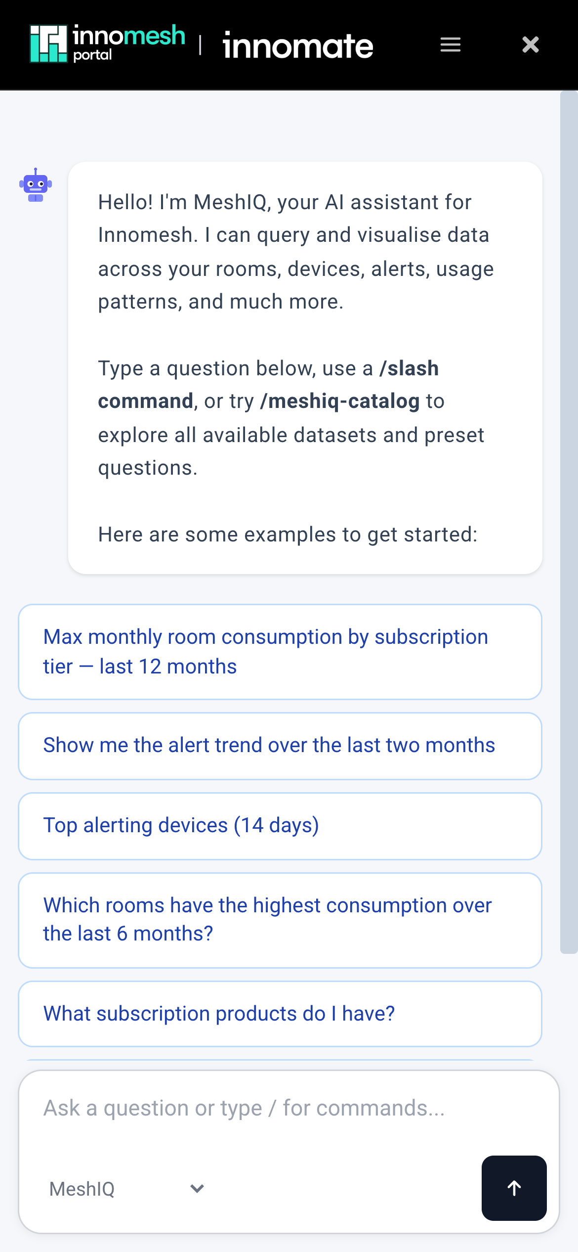 meshIQ chat on a phone with a welcome message and example query buttons