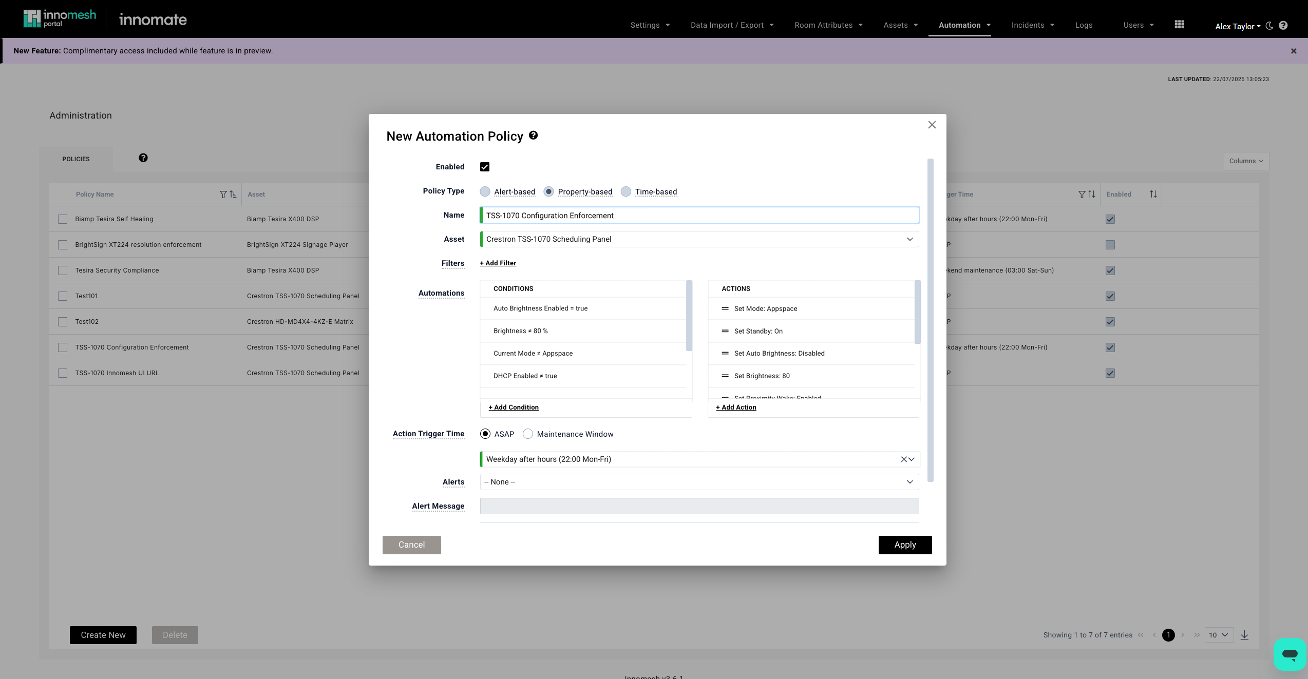 New Automation Policy dialog with Property-based selected, a condition of Auto Brightness Enabled = true, and an ASAP trigger time