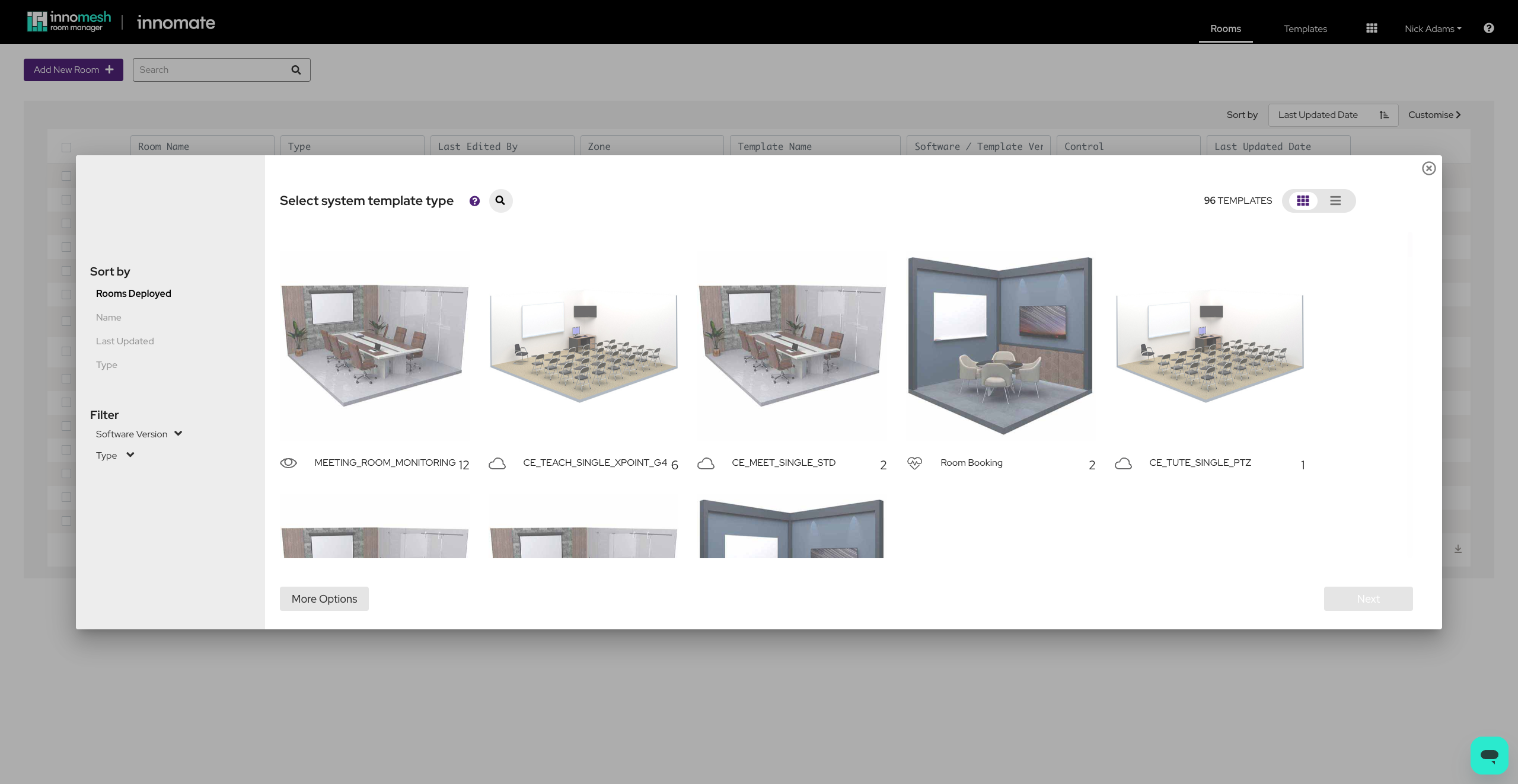 Template selection dialog in Room Manager as an image-based grid of template cards