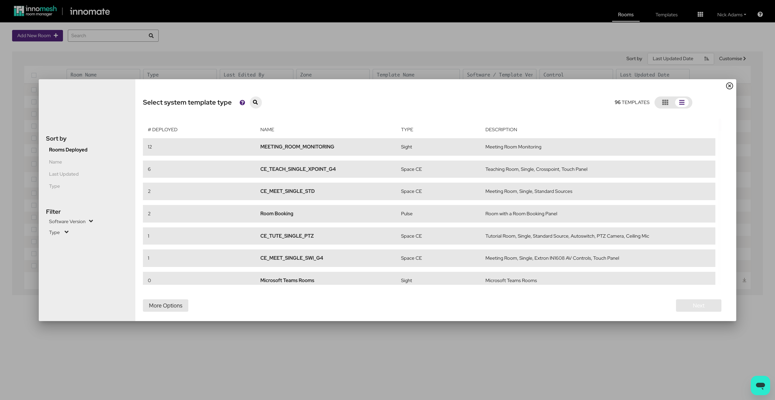 The same template selection dialog as a list with rooms deployed, name, type and description columns