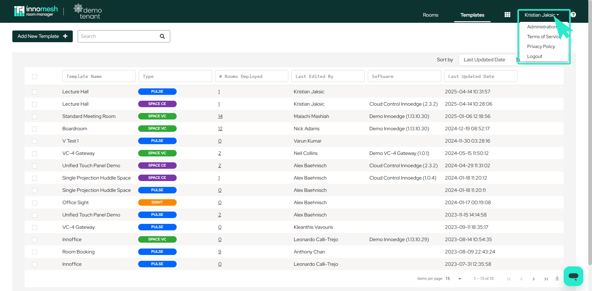 Room Manager user menu showing the Administration option highlighted in the dropdown.